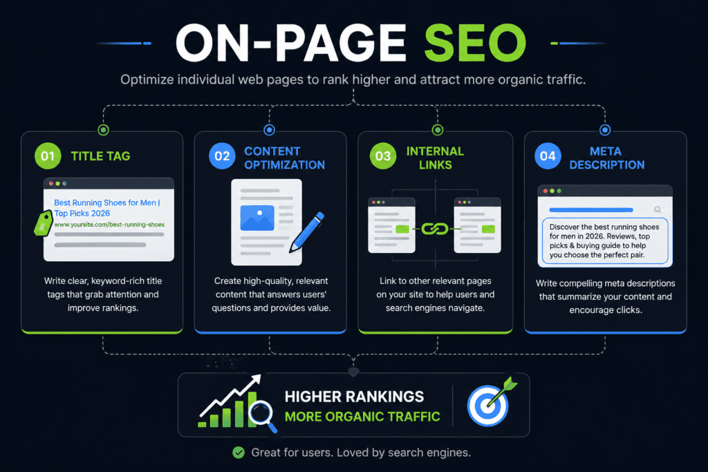 on-page SEO checklist diagram showing title tag, content, internal links, and meta description" Recommended placement