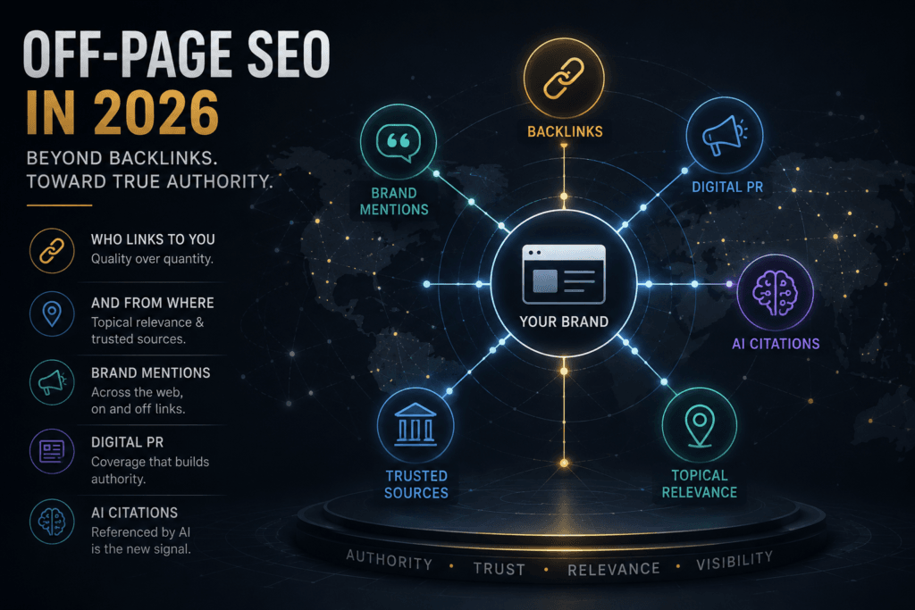 off page SEO 2026 — diagram showing brand signals, backlinks, E-E-A-T and AI visibility as interconnected authority layers