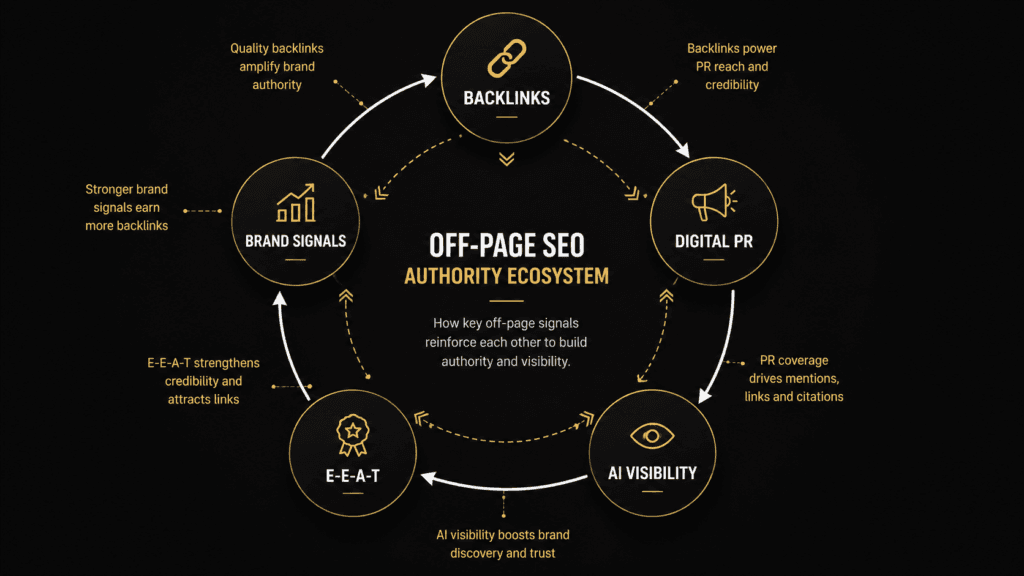 off-page SEO authority strategy — interconnected diagram showing link building, brand signals, digital PR, and E-E-A-T as a unified system