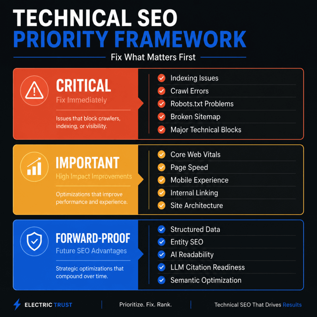 technical SEO site audit — priority action list showing Critical, Important, and Forward-Proof fix tiers 