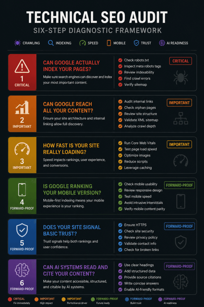  technical SEO audit — six-step diagnostic framework showing crawling, indexing, speed, mobile, trust, and AI readiness as priority tiers 